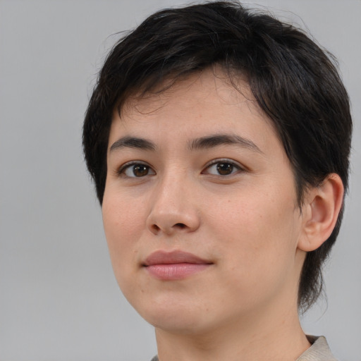 Neutral white young-adult female with medium  brown hair and brown eyes