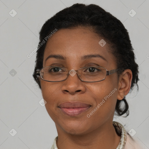 Joyful latino adult female with short  brown hair and brown eyes