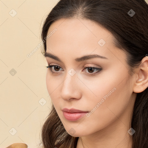 Neutral white young-adult female with long  brown hair and brown eyes