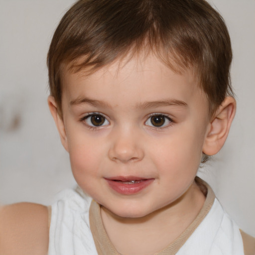 Joyful white child female with short  brown hair and brown eyes