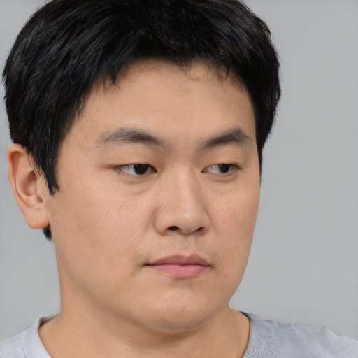 Neutral asian young-adult male with short  brown hair and brown eyes