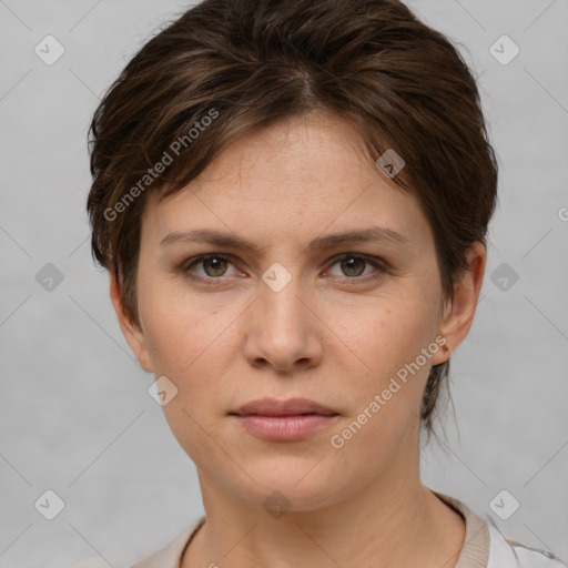 Neutral white young-adult female with short  brown hair and brown eyes