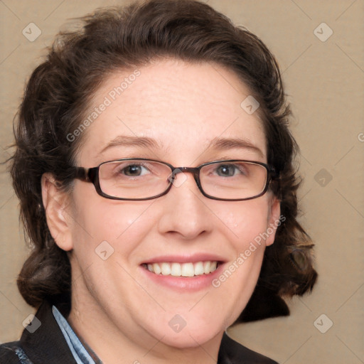 Joyful white adult female with medium  brown hair and blue eyes