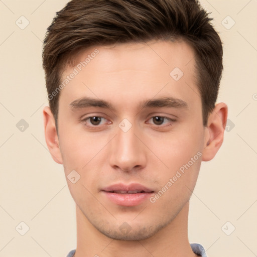 Neutral white young-adult male with short  brown hair and brown eyes