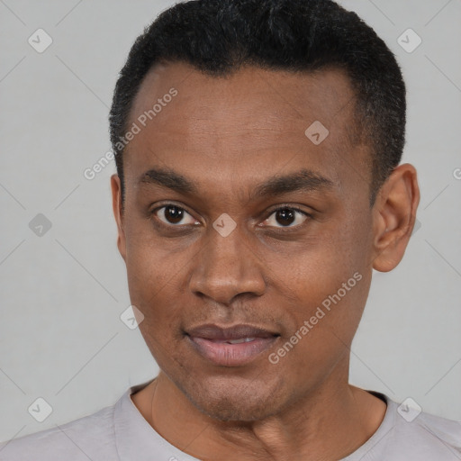 Joyful black young-adult male with short  black hair and brown eyes