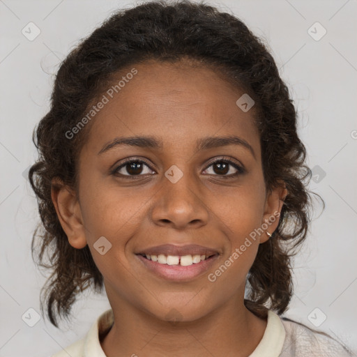 Joyful black young-adult female with medium  brown hair and brown eyes