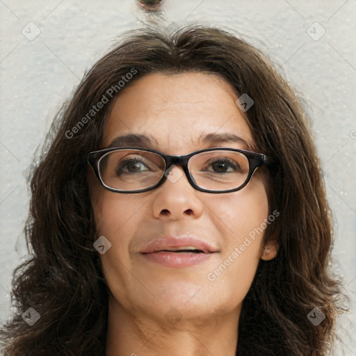 Joyful white adult female with long  brown hair and brown eyes