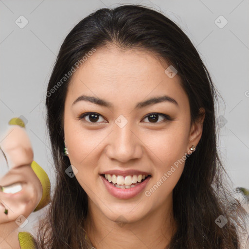 Joyful white young-adult female with medium  brown hair and brown eyes