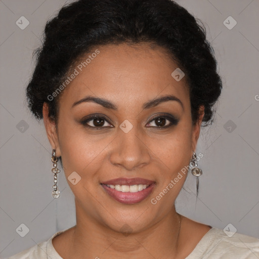 Joyful latino young-adult female with short  brown hair and brown eyes