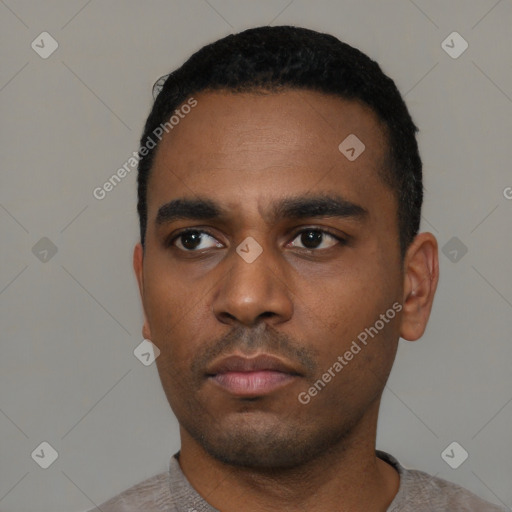 Neutral black young-adult male with short  black hair and brown eyes