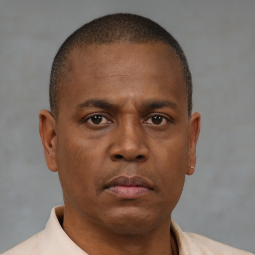 Neutral black adult male with short  brown hair and brown eyes