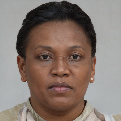 Neutral black adult female with short  brown hair and brown eyes