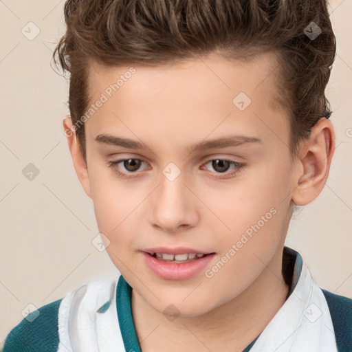 Joyful white child male with short  brown hair and brown eyes