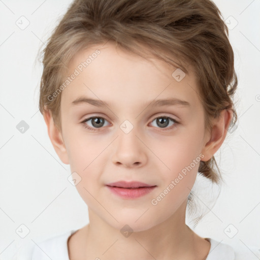 Joyful white child female with short  brown hair and brown eyes