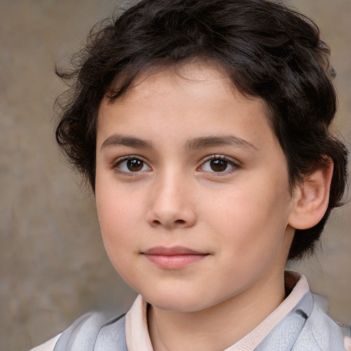 Joyful white child female with medium  brown hair and brown eyes