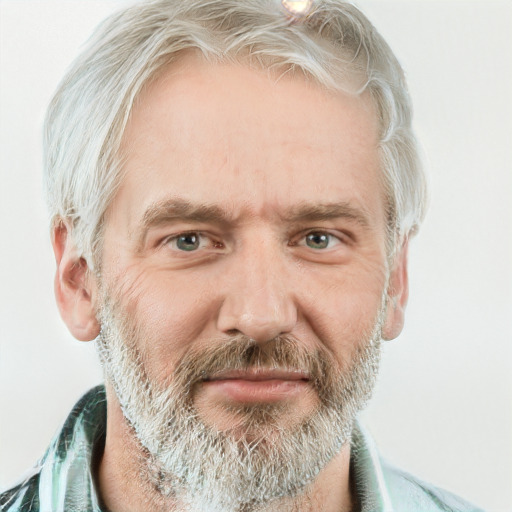 Neutral white middle-aged male with short  gray hair and grey eyes