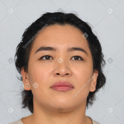 Neutral asian young-adult female with medium  brown hair and brown eyes