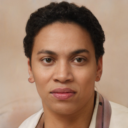 Neutral latino young-adult female with short  brown hair and brown eyes