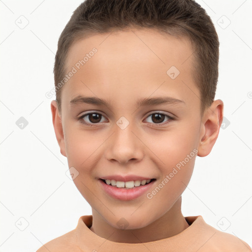 Joyful white child female with short  brown hair and brown eyes