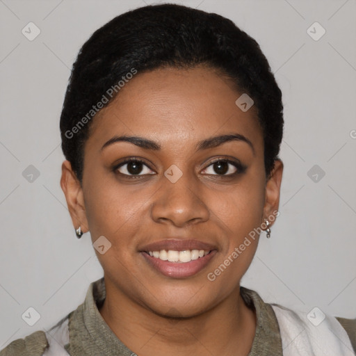 Joyful latino young-adult female with short  black hair and brown eyes