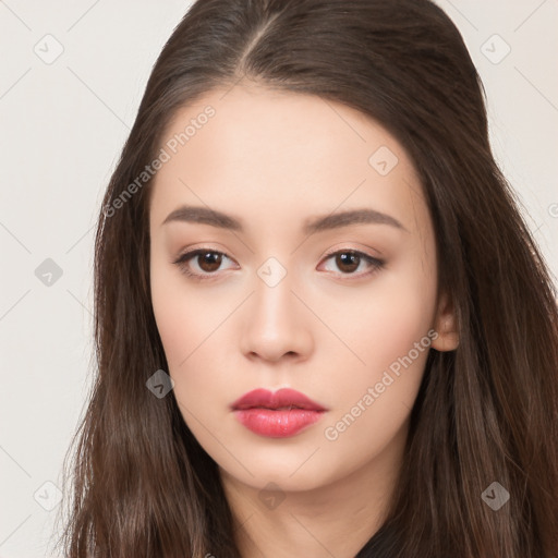 Neutral white young-adult female with long  brown hair and brown eyes