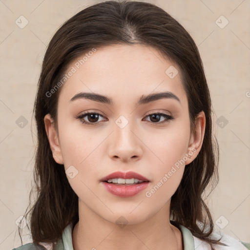 Neutral white young-adult female with medium  brown hair and brown eyes