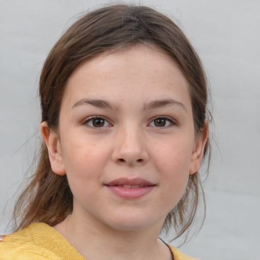 Joyful white child female with medium  brown hair and brown eyes