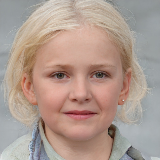 Joyful white child female with medium  blond hair and blue eyes