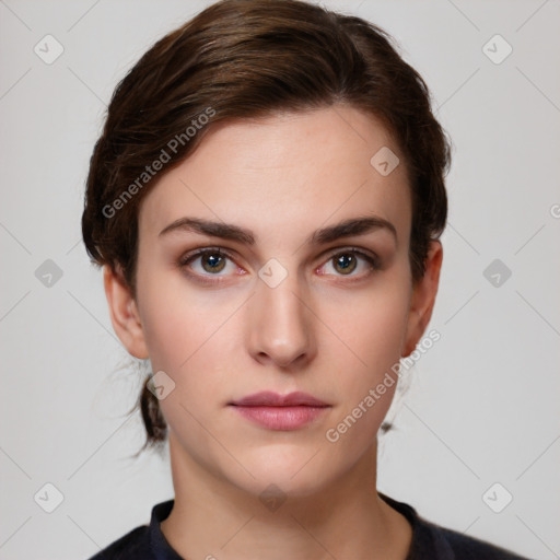 Neutral white young-adult female with short  brown hair and brown eyes