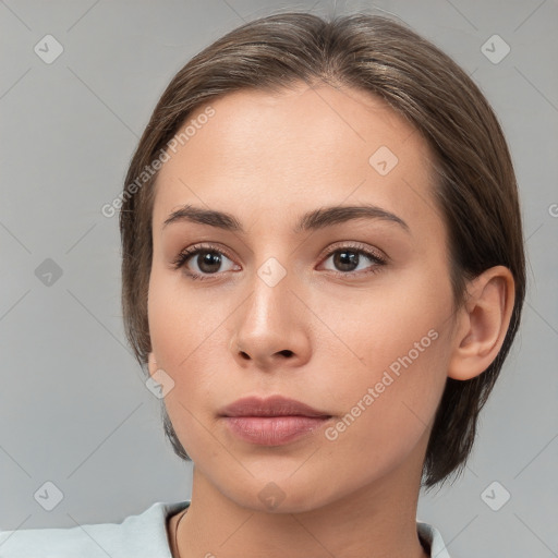 Neutral white young-adult female with medium  brown hair and brown eyes