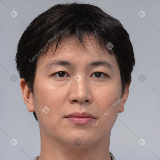 Neutral asian young-adult male with short  brown hair and brown eyes