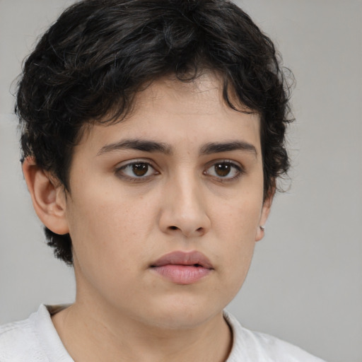 Neutral white young-adult female with short  brown hair and brown eyes