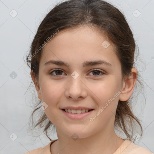 Joyful white child female with medium  brown hair and brown eyes