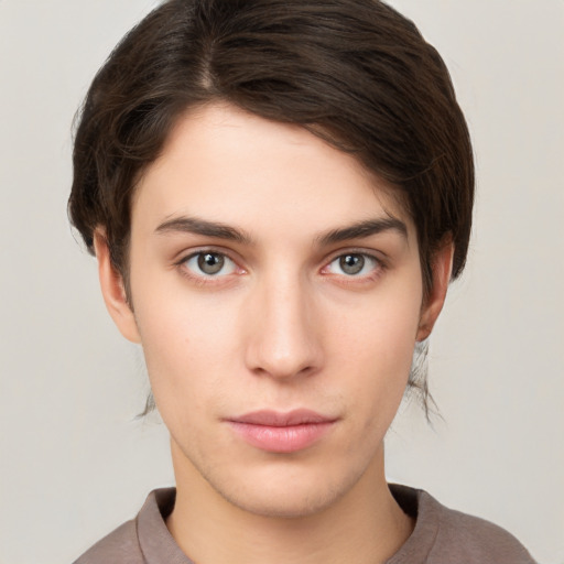 Neutral white young-adult female with short  brown hair and brown eyes