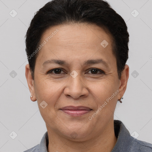 Joyful white adult female with short  brown hair and brown eyes