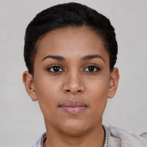 Neutral latino young-adult female with short  brown hair and brown eyes