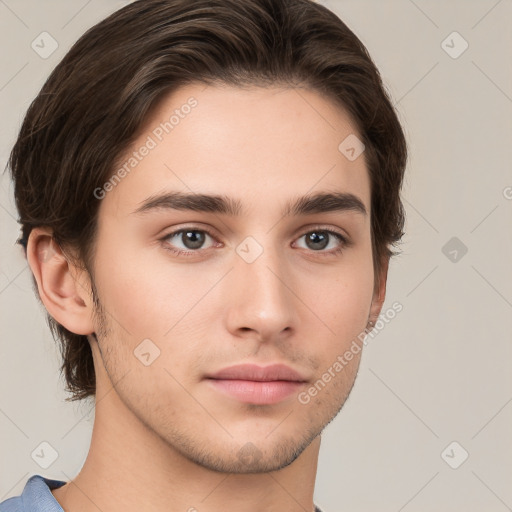 Neutral white young-adult male with short  brown hair and brown eyes