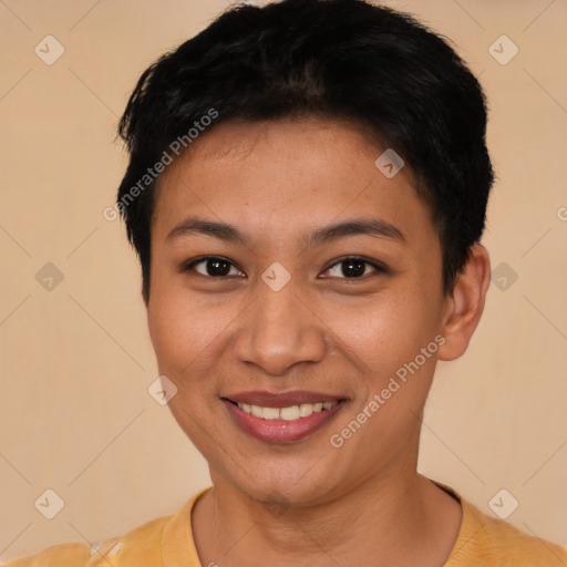 Joyful latino young-adult female with short  brown hair and brown eyes
