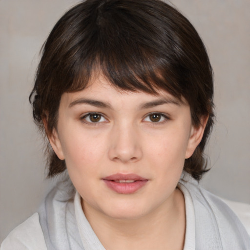 Neutral white young-adult female with medium  brown hair and brown eyes