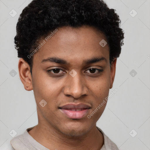Joyful latino young-adult male with short  brown hair and brown eyes