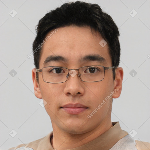 Neutral asian young-adult male with short  brown hair and brown eyes