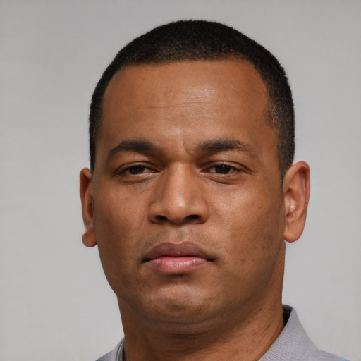 Neutral black young-adult male with short  black hair and brown eyes