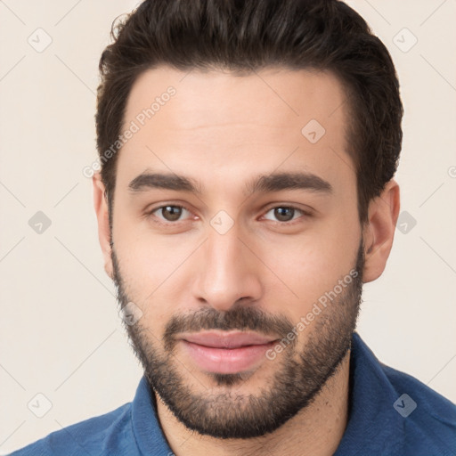 Neutral white young-adult male with short  brown hair and brown eyes