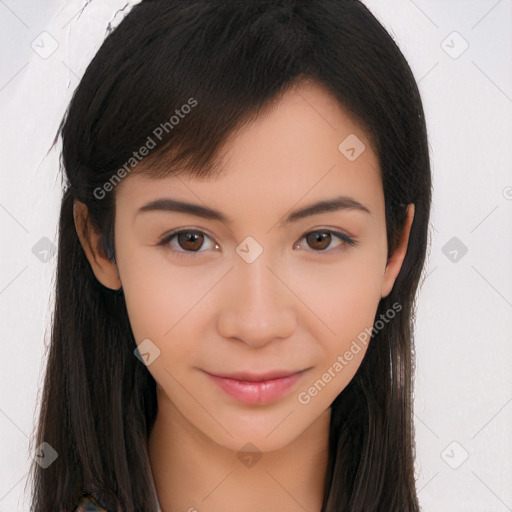 Joyful asian young-adult female with long  brown hair and brown eyes