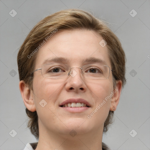 Joyful white adult female with medium  brown hair and grey eyes