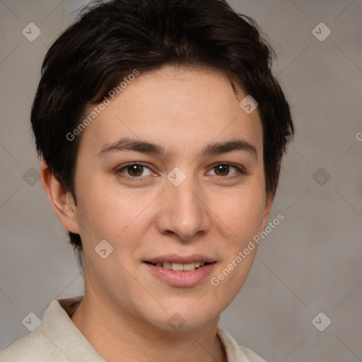 Joyful white young-adult female with short  brown hair and brown eyes