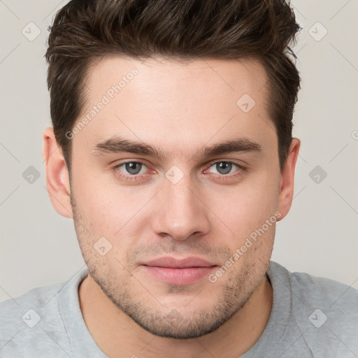 Neutral white young-adult male with short  brown hair and brown eyes