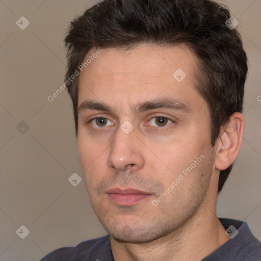 Neutral white young-adult male with short  brown hair and brown eyes