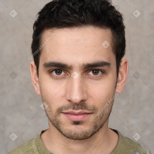 Neutral white young-adult male with short  brown hair and brown eyes