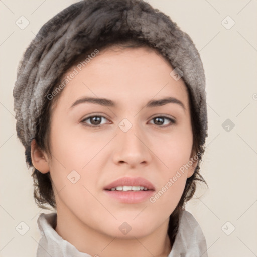 Neutral white young-adult female with short  brown hair and brown eyes